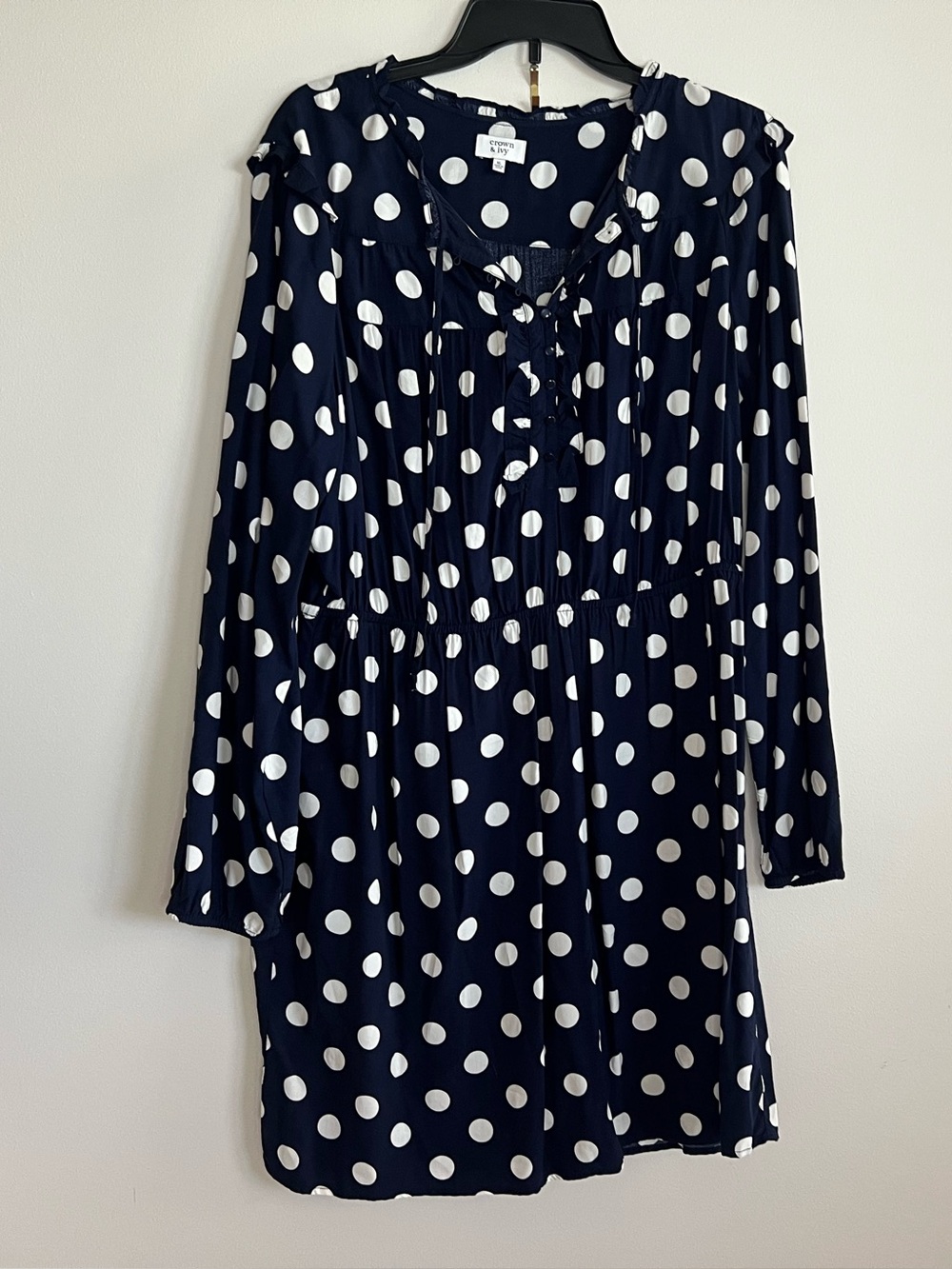 crown & ivy Navy and White Polka Dot Long Sleeve Dress